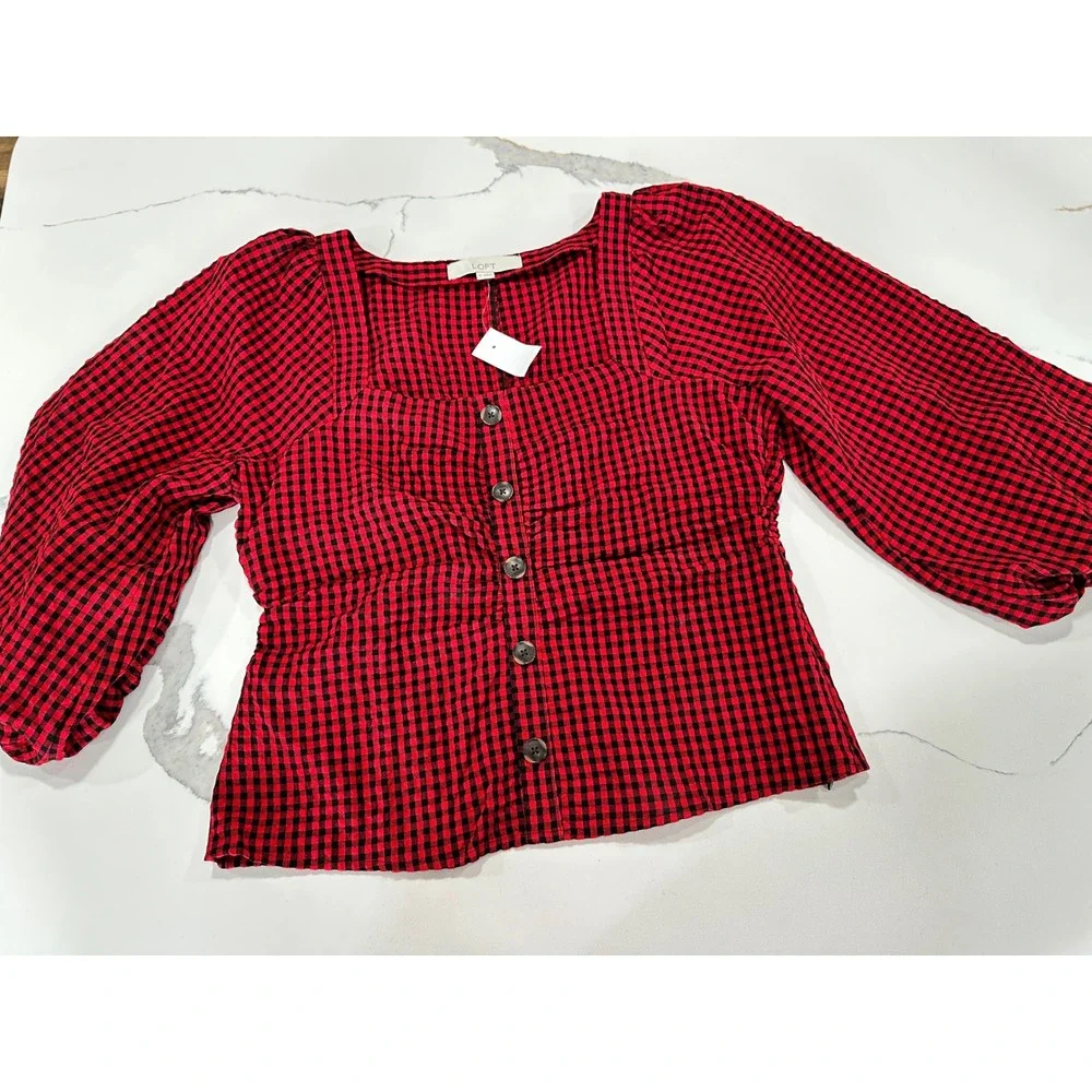 LOFT Red Black Gingham Check Square Neck Button Front‎ Puff Sleeve Blouse Size 6